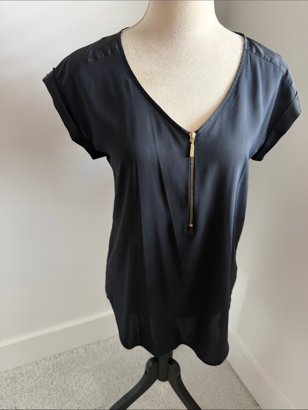 Express Black V-Neck Top with Gold Zip